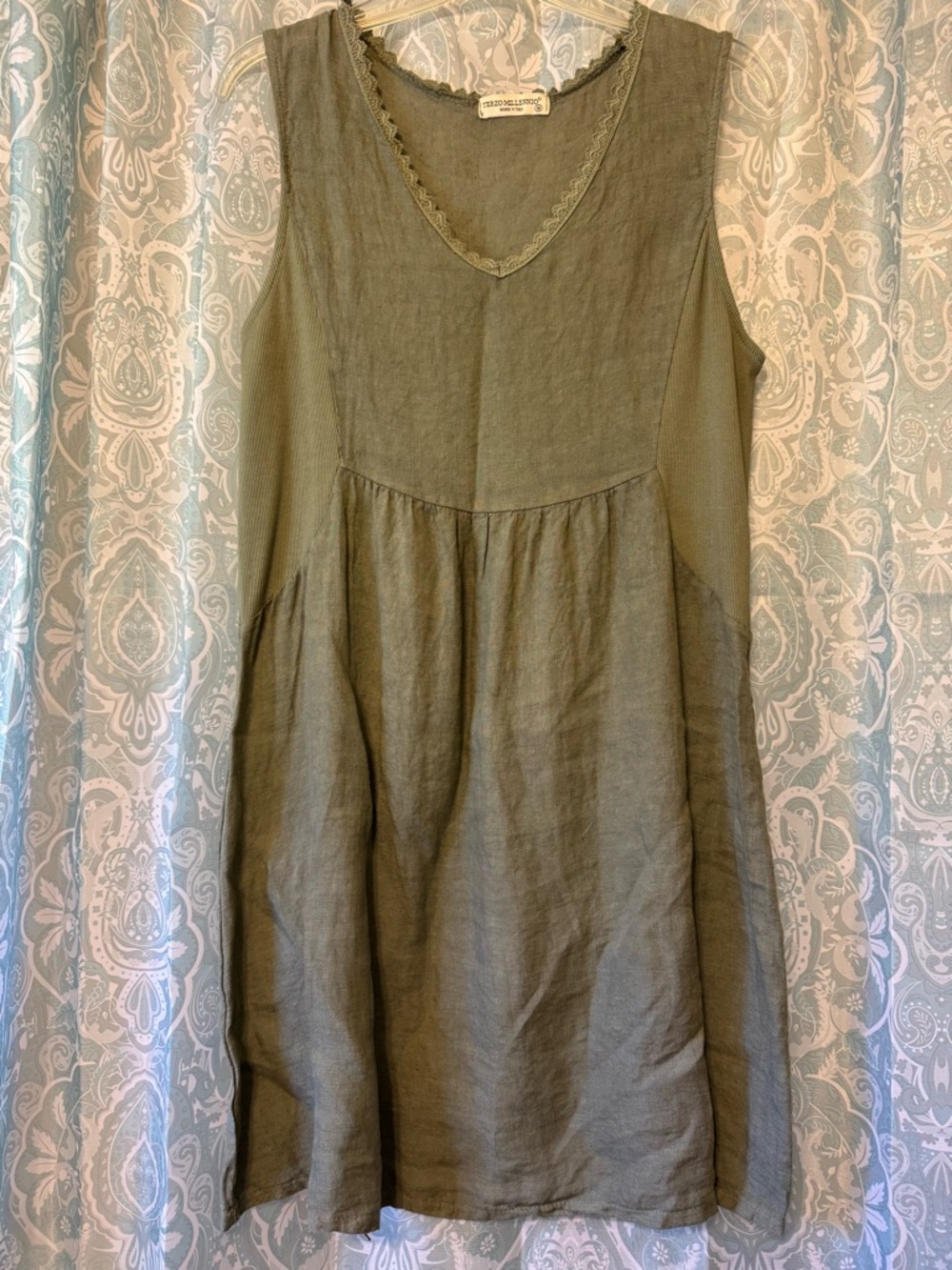 Sleeveless V-Neck Olive Green Linen Dress